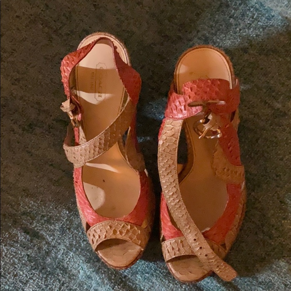 2 color strap on sandal with heels .